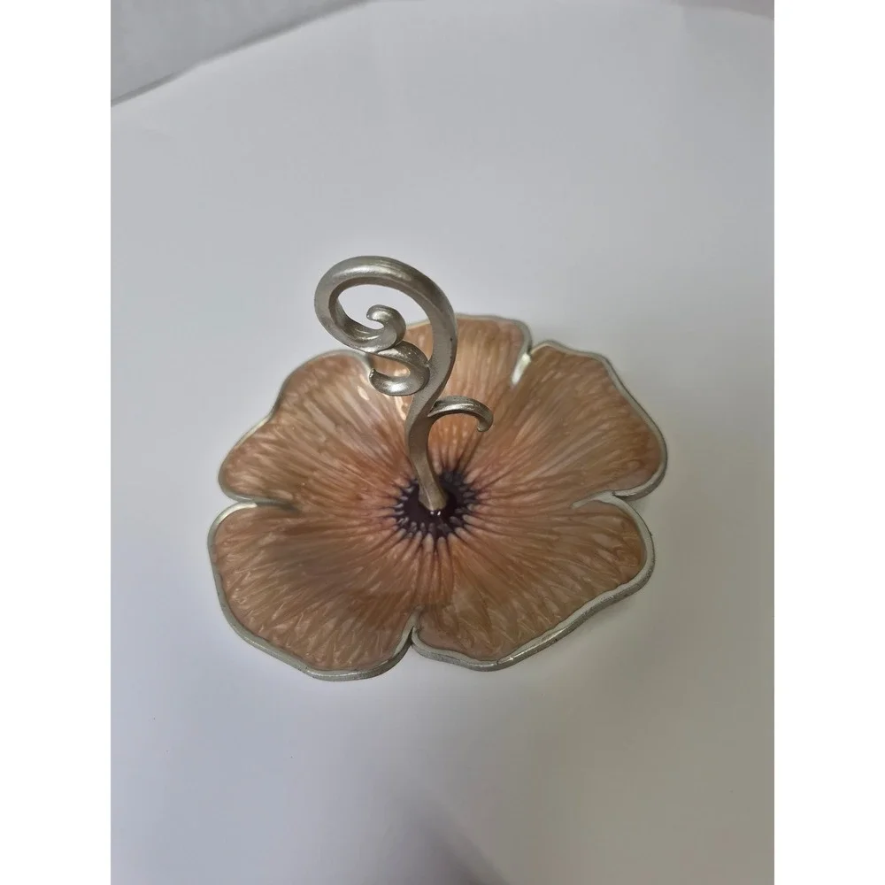 Cynthia Rowley Flower Ring Holder Enameled Peach Silver Tone Scroll Vanity Tray